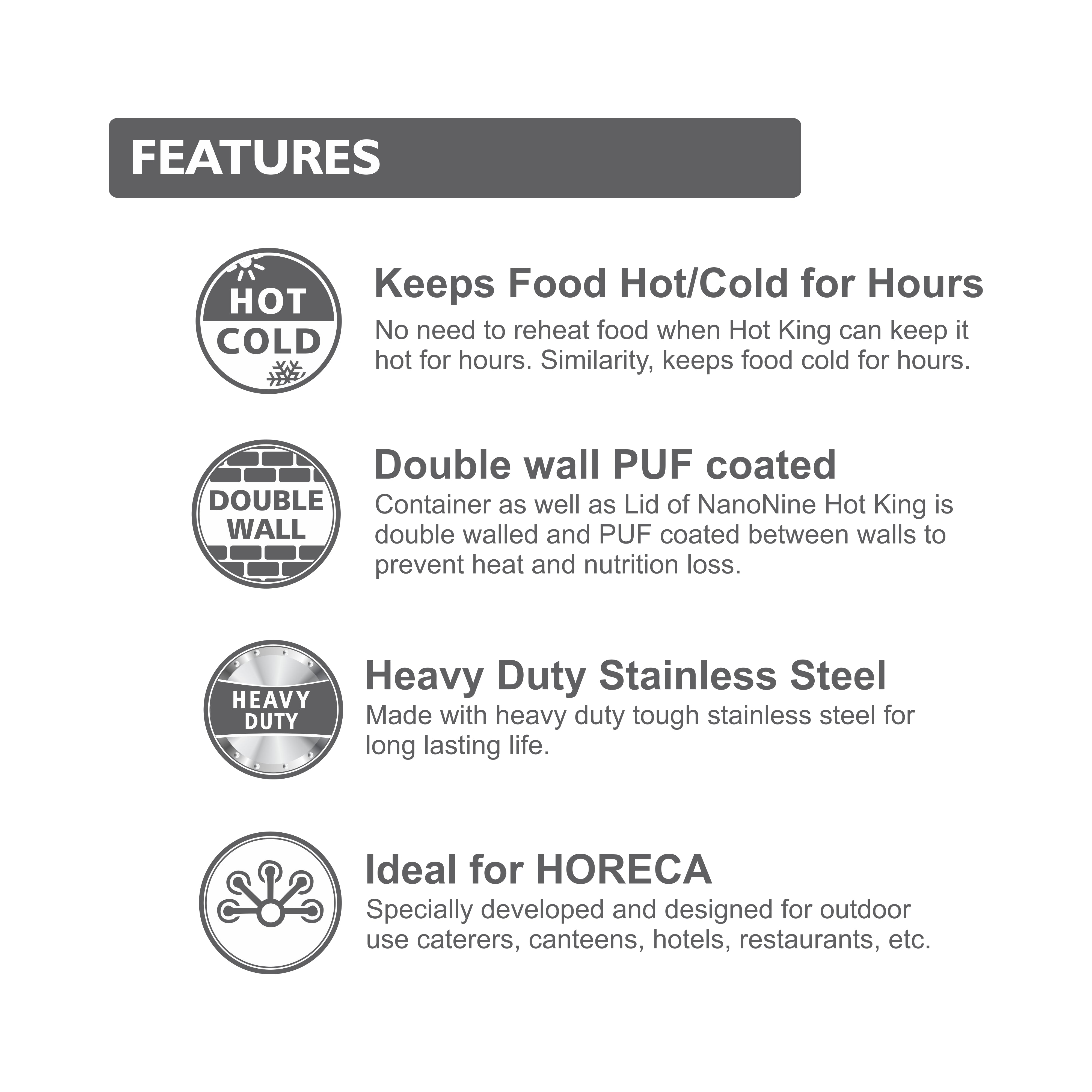 NanoNine Hot King 10 L Double Wall PUF Insulated Stainless Steel Serving Pot with Steel Insulated Lid.