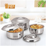 NanoNine Hot Shine 0.5 L + 0.9 L + 1.4 L Double Wall Insulated Hot Pot Stainless- Steel Casserole Set with Steel Lid.