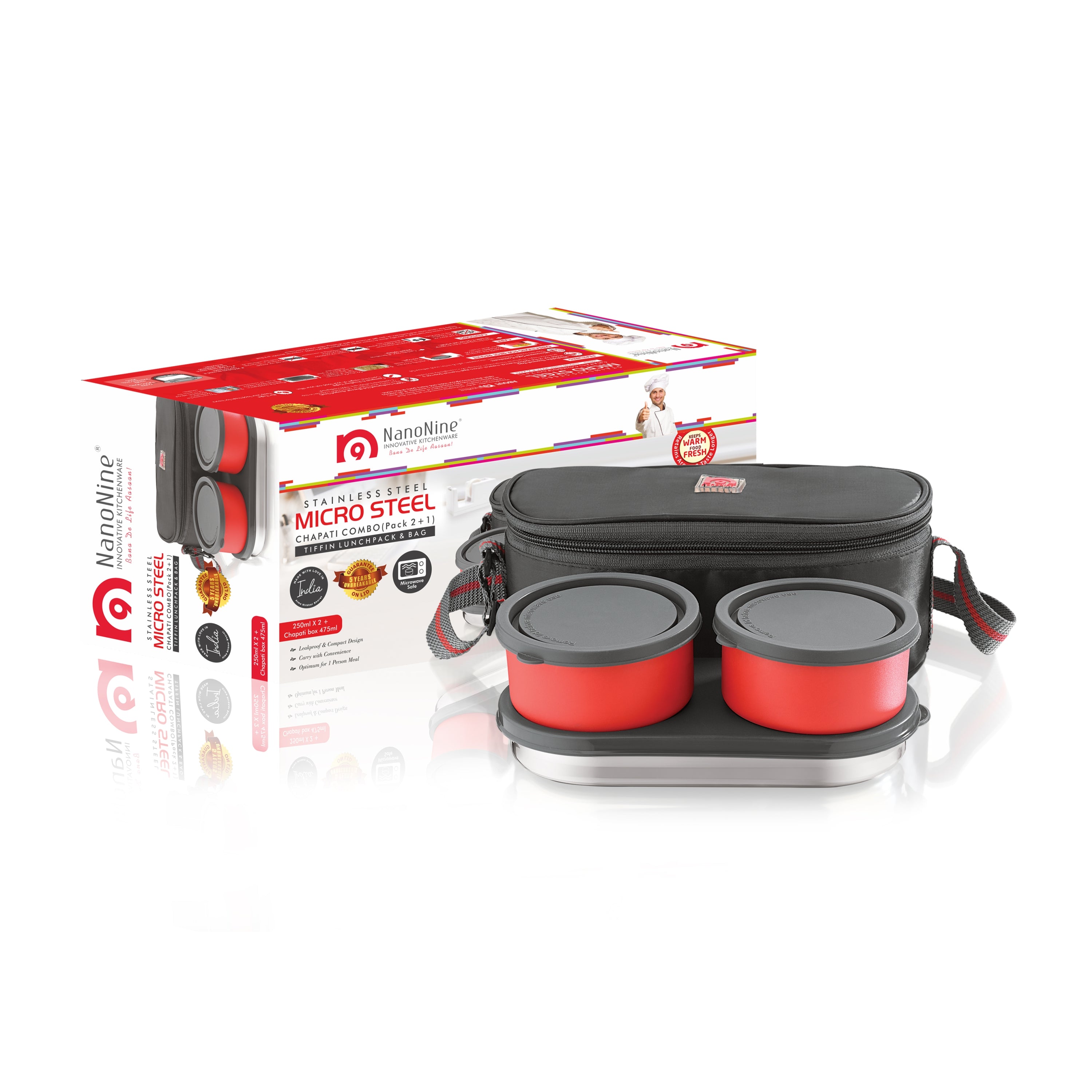 NanoNine Micro Steel Lunch Set: 2 Air-Tight (250ml X 2) Stainless Steel Containers, 1 Chapati Box, and Insulated Bag for Fresh and Delicious Meals On-the-Go