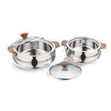 NanoNine Royale Steelwood (Mini & Small 750 ml + 1.24 L) Double Wall PUF Insulated Stainless Steel Casserole with Glass Lid Wooden Finish Side Handles and Knob.