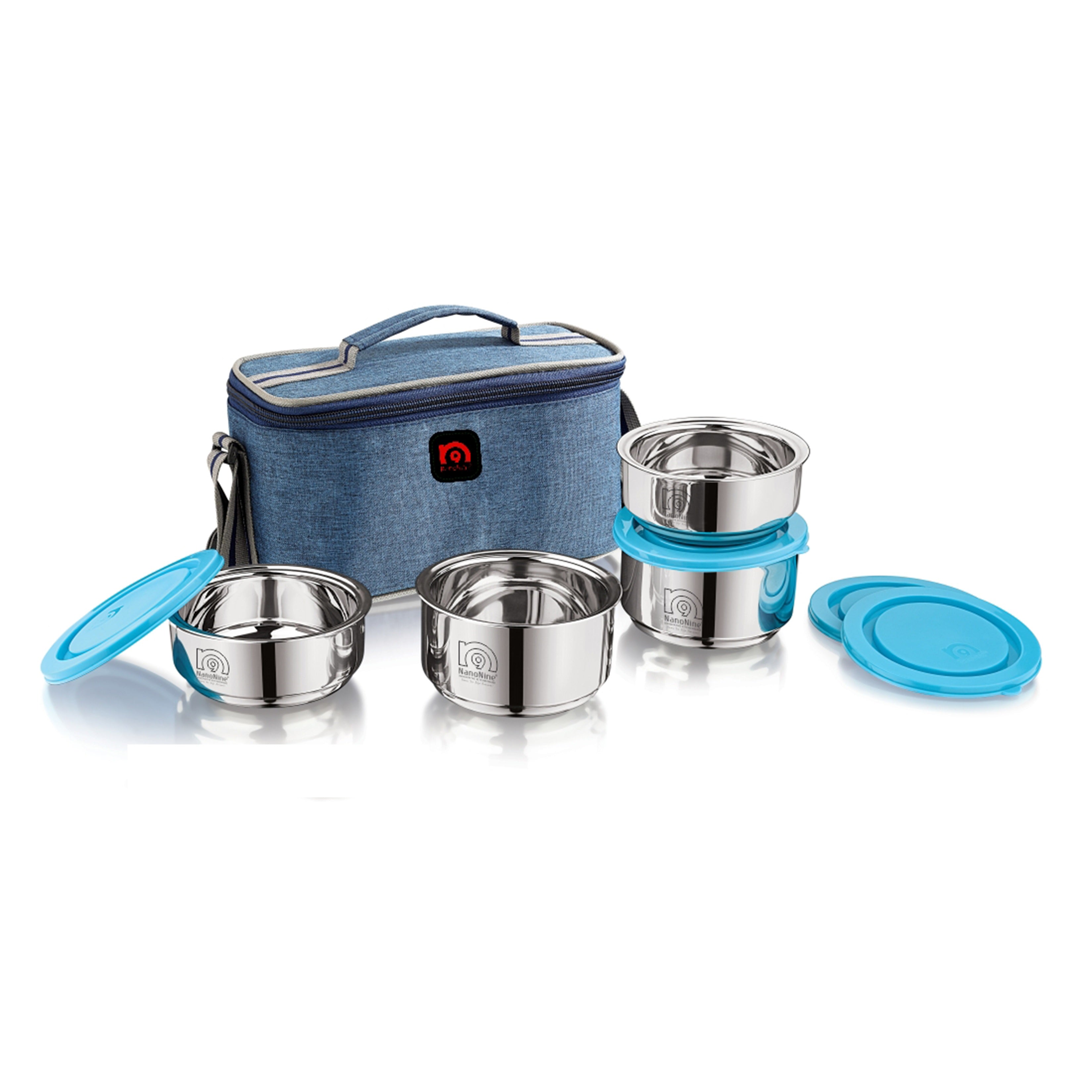 NanoNine Tiffiny Executive 325 ml X 2 + 225 ml X 2 Double Wall Insulated Stainless Steel Lunch Box with Bag, Denim Blue.