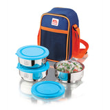 NanoNine Tiffiny 225 ml X 3 Double Wall Insulated Stainless Steel Lunch Box with Insulated Bag, Navy Blue