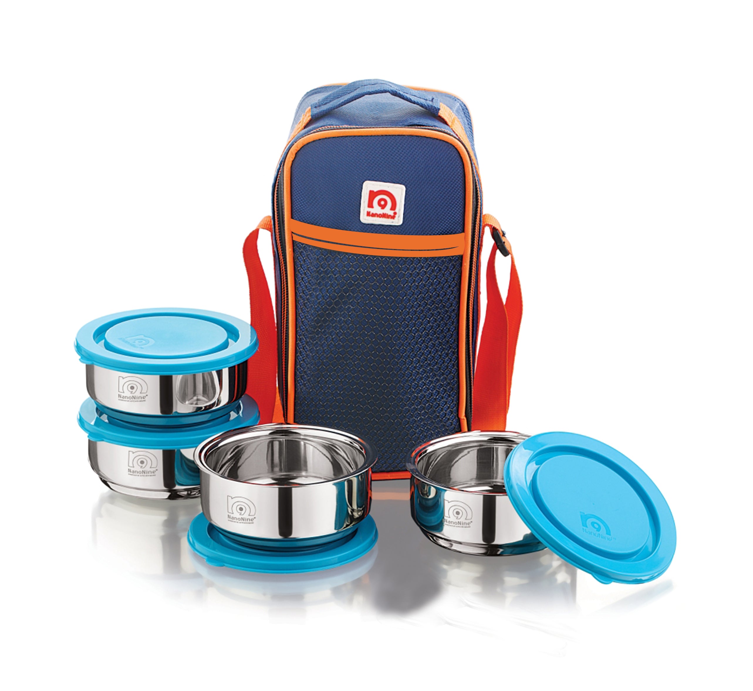 NanoNine Tiffiny 225 ml X 4 Double Wall Insulated Stainless Steel Lunch Box with Insulated Bag, Navy Blue