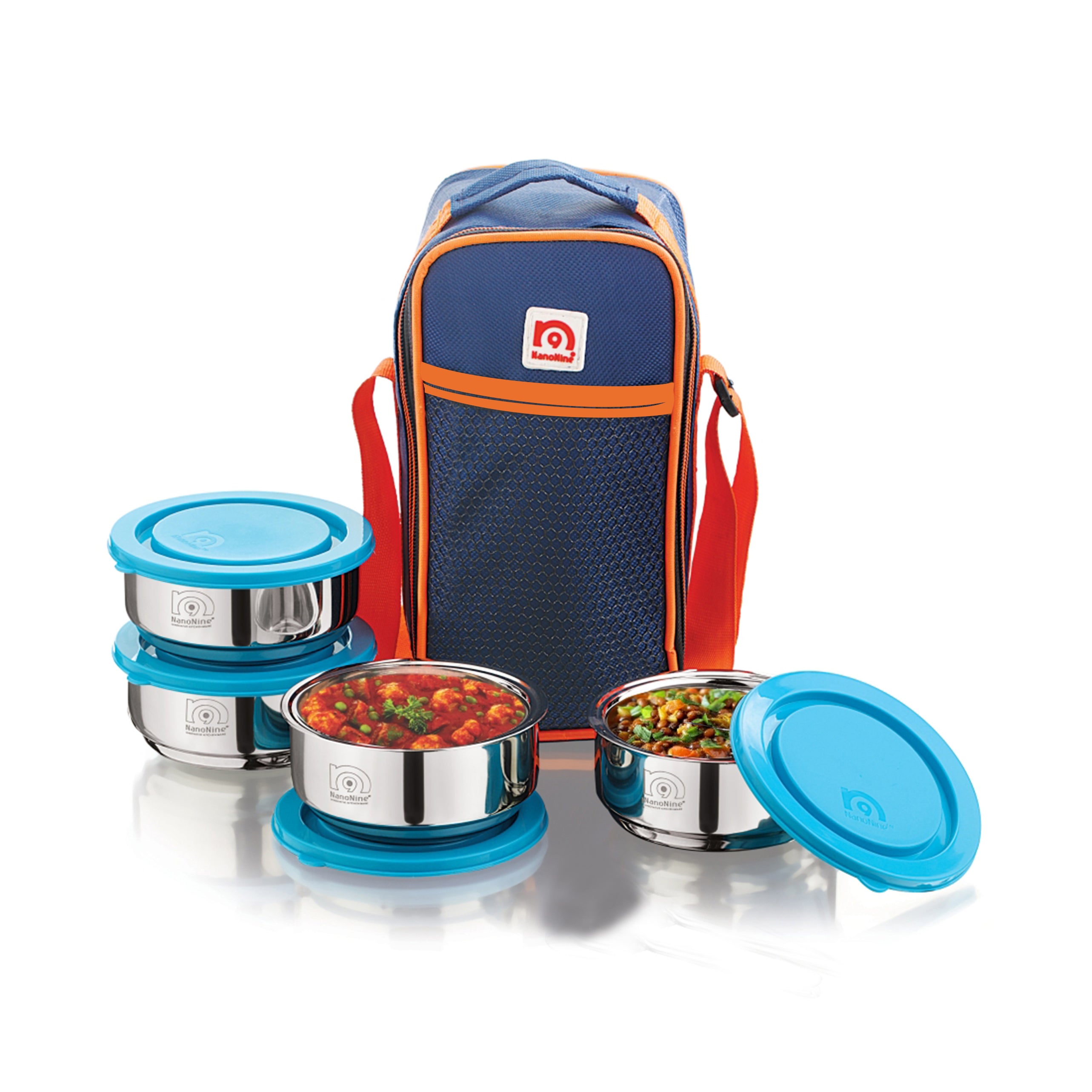 NanoNine Tiffiny 225 ml X 4 Double Wall Insulated Stainless Steel Lunch Box with Insulated Bag, Navy Blue