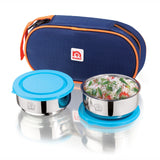 NanoNine Tiffiny Double 225 ml X 2 Wall Insulated Stainless Steel Lunch Box with Insulated Bag, Navy Blue