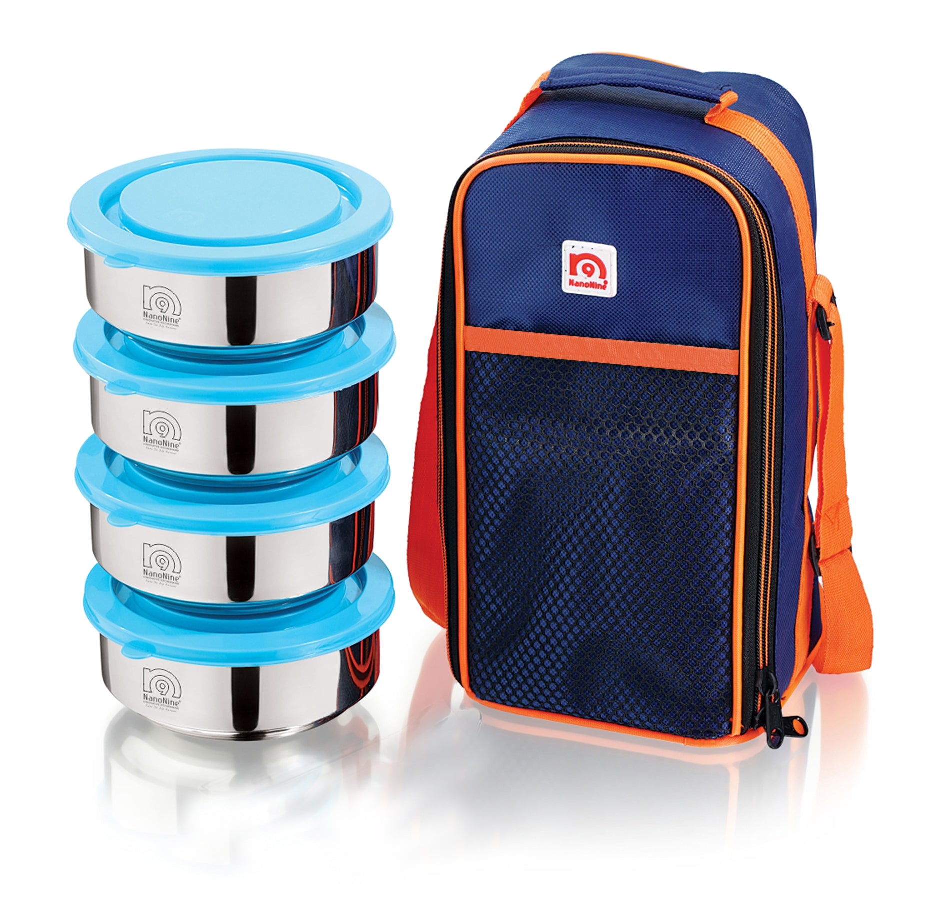 NanoNine Tiffiny 400 ml X 4 Double Wall Insulated Stainless Steel Lunch Box with Insulated Bag, Navy Blue