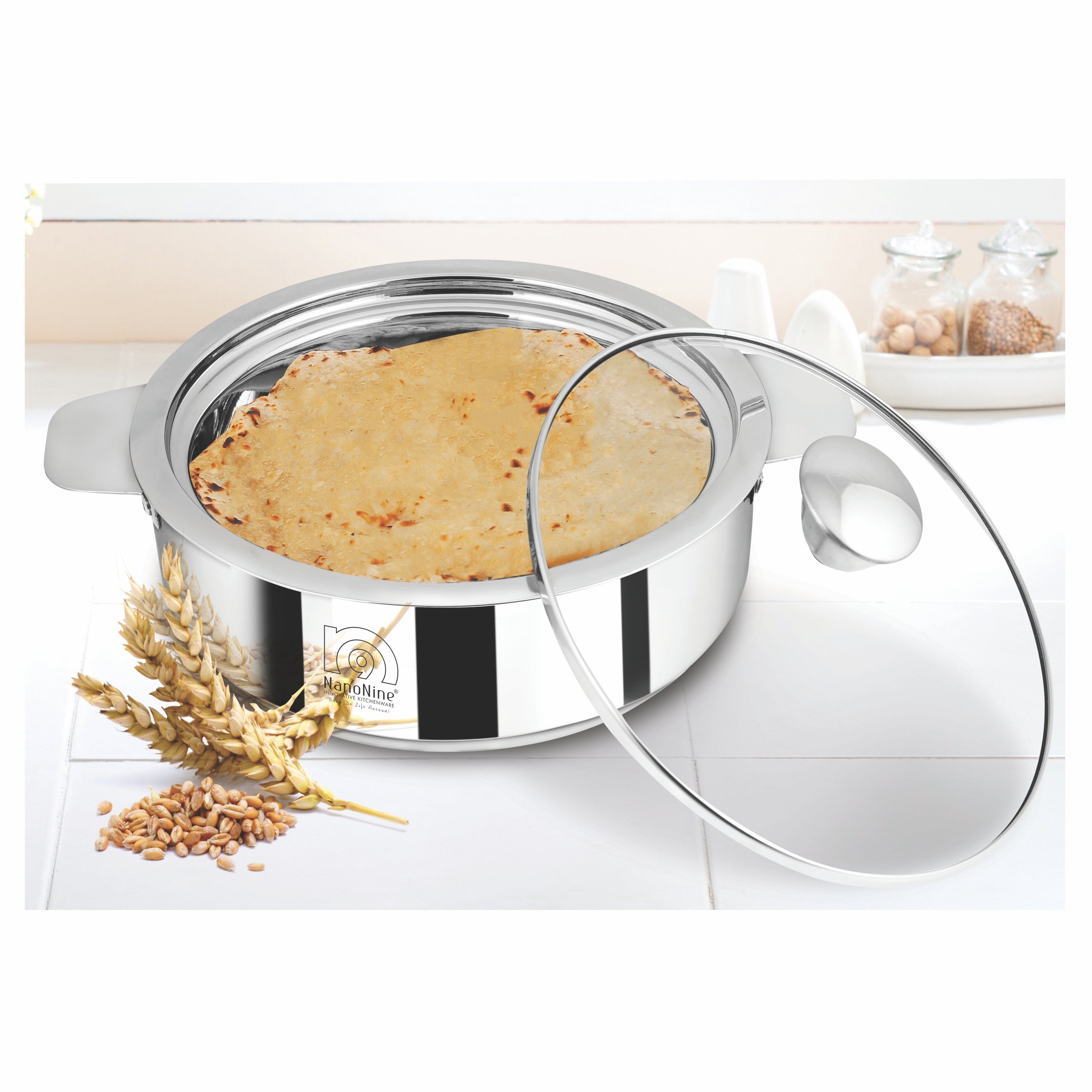 NanoNine Chapati Pot 1.25 L Double Wall Insulated Stainless Steel Serve Fresh Roti Casserole with Glass Lid