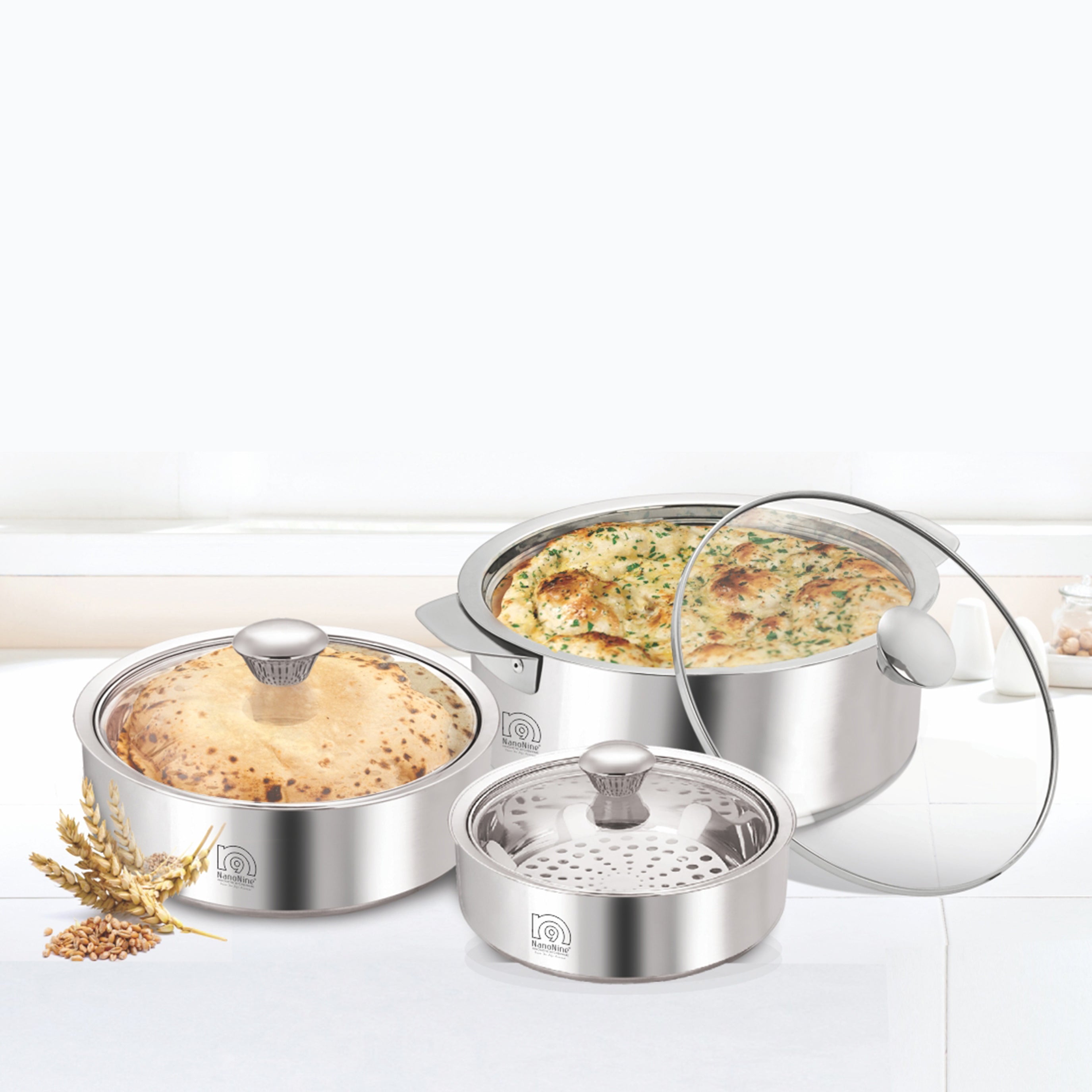 NanoNine Roti Saver 800 ml + 1.25 L + 2.55 L Double Wall Insulated Stainless Steel Serve Fresh Chapati Pot with Glass Lid.
