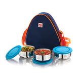 NanoNine Tiffiny 225 ml X 3 (Hexa)Double Wall Insulated Stainless Steel Lunch Box with Insulated Bag, Navy Blue.