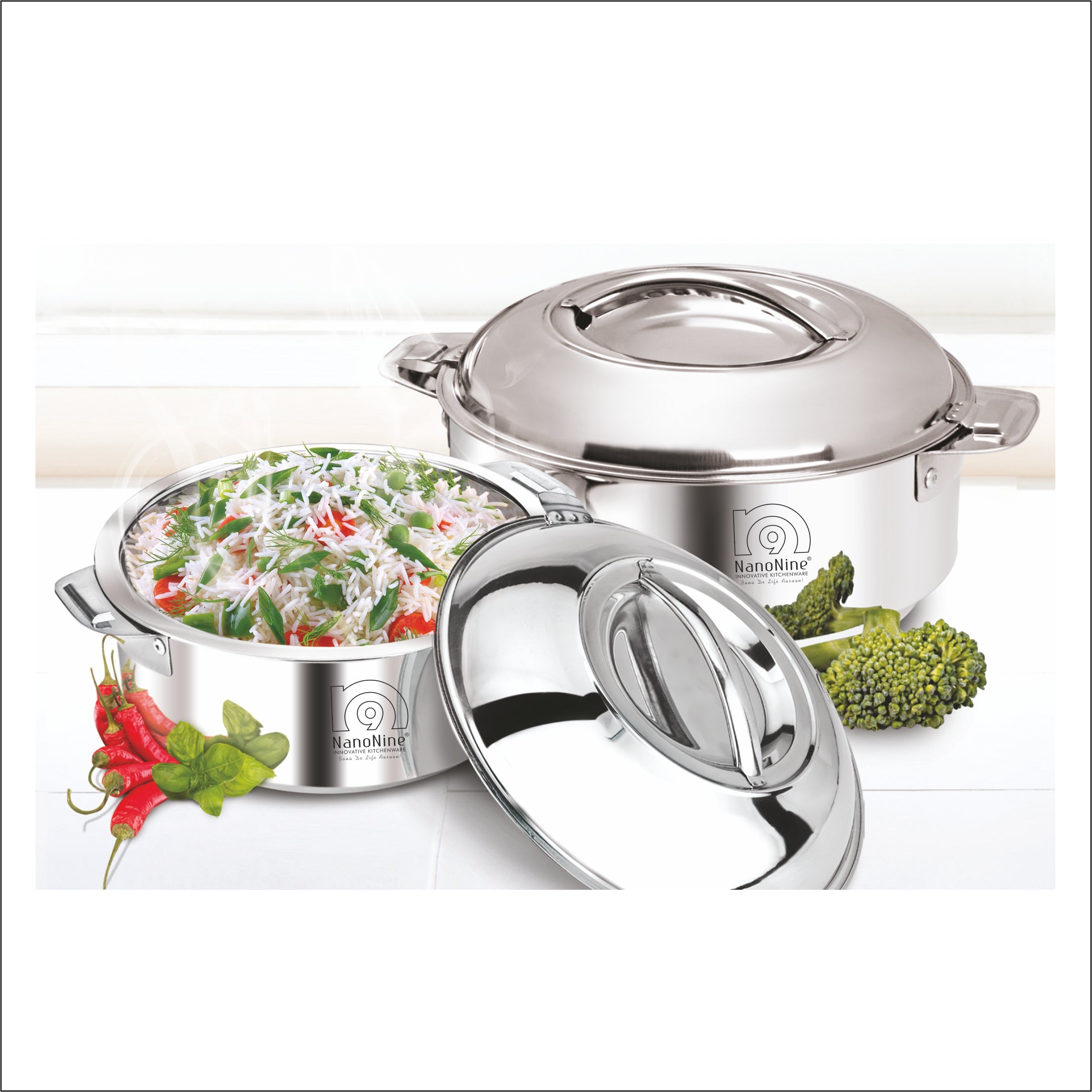 NanoNine Hot Serve 1.4 L + 1.9 L Double Wall Insulated Hot Pot Stainless Steel Casserole with Steel Lid.