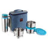 NanoNine Tiffiny Executive 325 ml X 3 Double Wall Insulated Stainless Steel Lunch Box with  600 ml SS Bottle & Tiffin Bag, Denim Blue