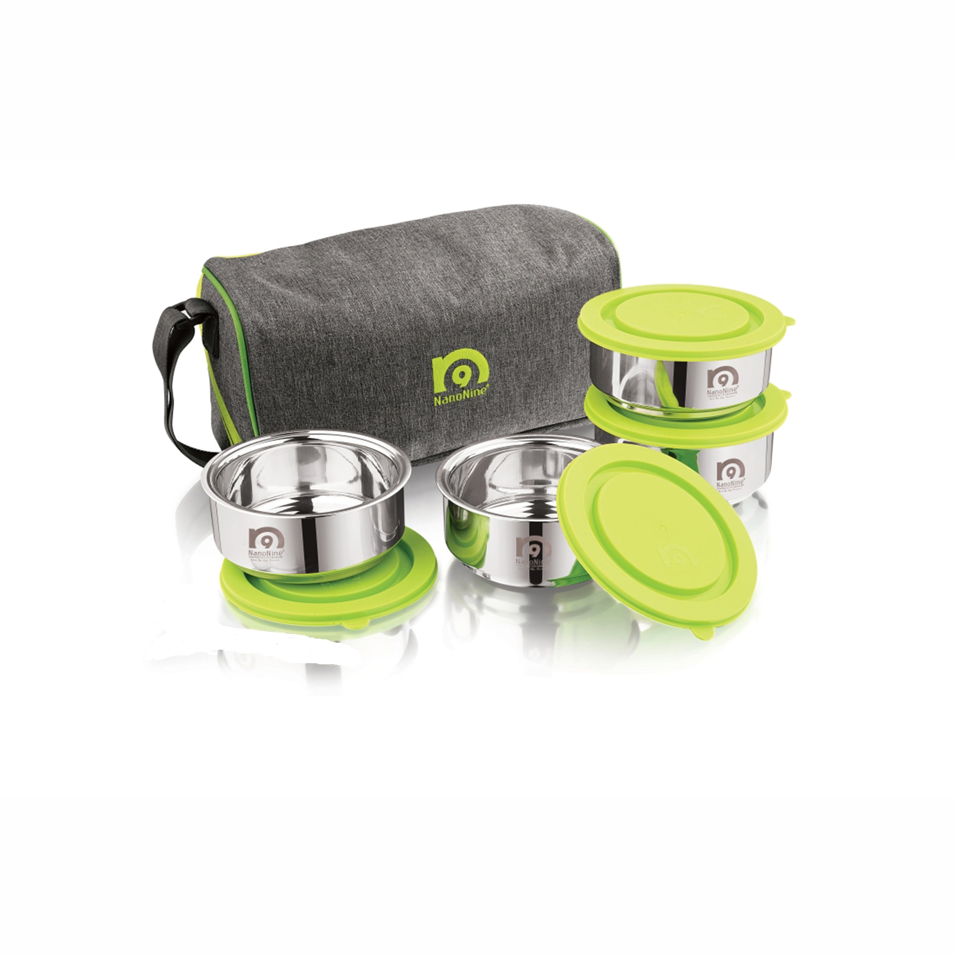 NanoNine Tiffiny Small Pro 375 ml X 4 Double Wall Insulated Stainless Steel Lunch Box.
