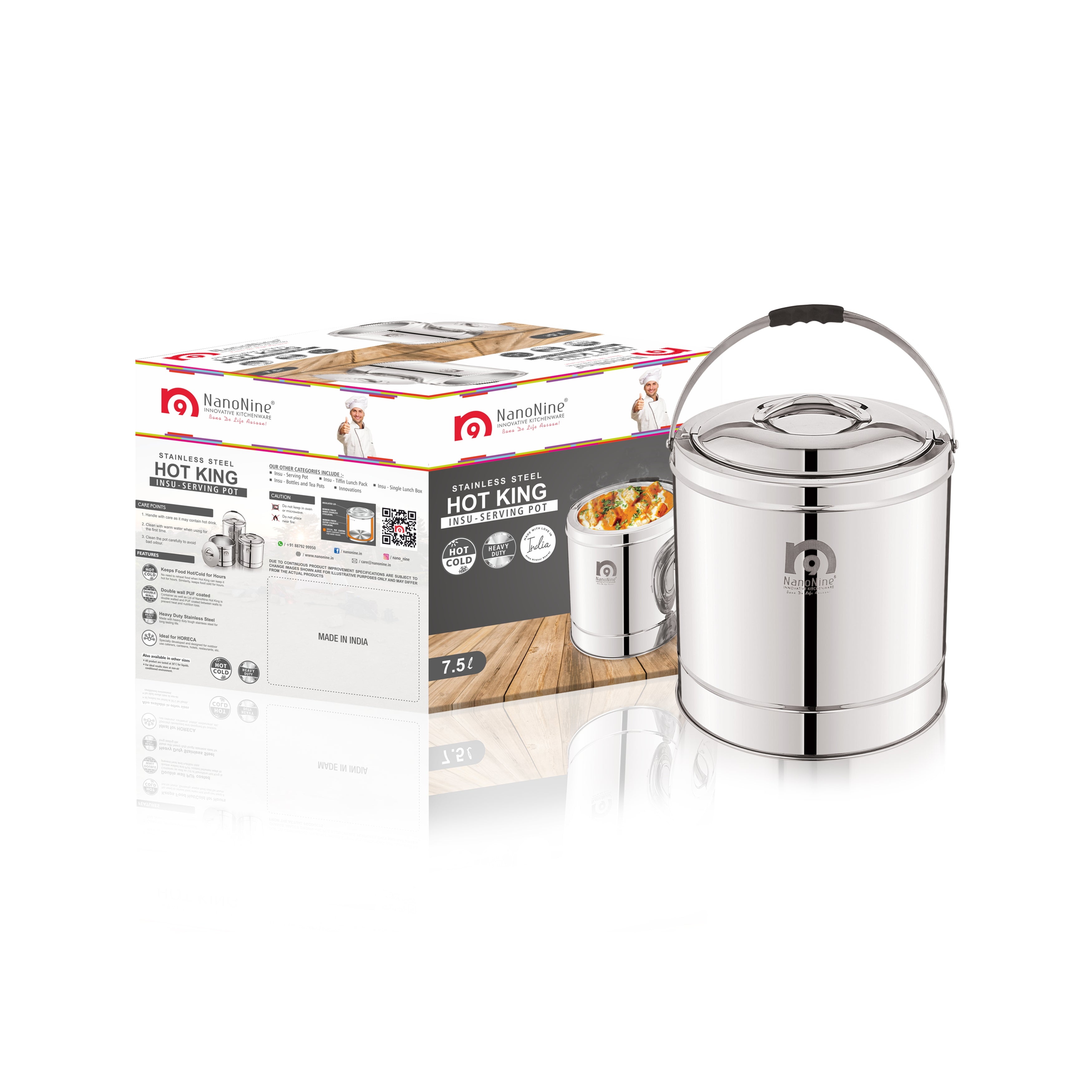 Nanonine Hot King 7.5 L Double Wall PUF Insulated Stainless Steel Serving Pot with Steel Insulated Lid.