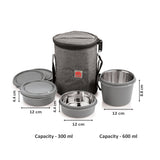 NanoNine Micro Safe Single Wall  Stainless Steel Lunch Box , 600ml X 1 + 300ml X 2,Microwave Safe, 3-Piece, Grey