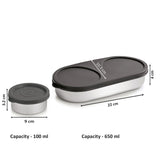 NanoNine Snack Bite Single Wall Stainless Steel Lunch Box , 650ml + 100ml, 2-Piece, Grey