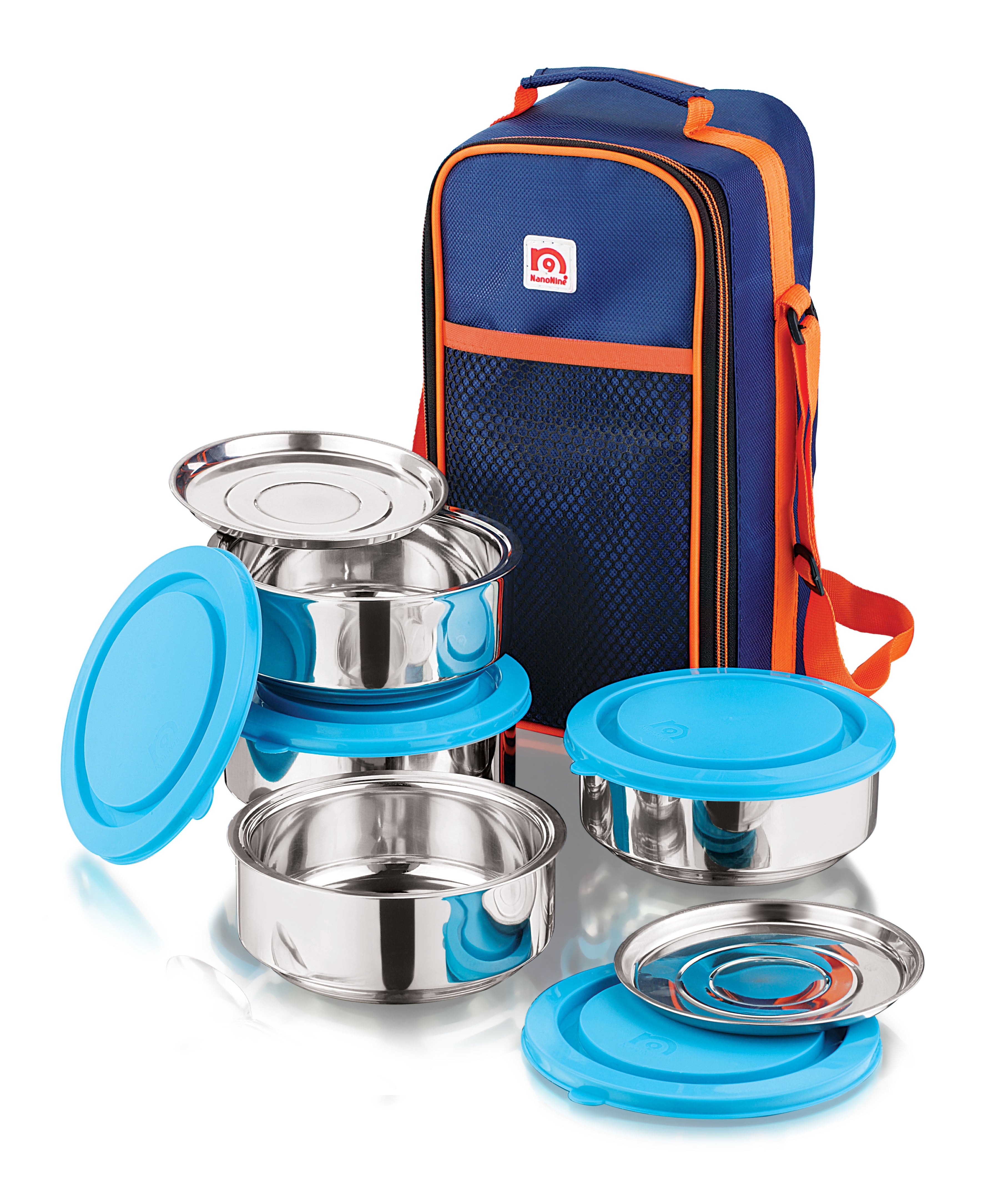 NanoNine Tiffiny 400 ml X Double Wall Insulated Stainless Steel Lunch Box with Insulated Bag, Navy Blue