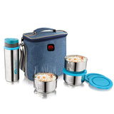 NanoNine Tiffiny Executive 325 ml X 3 Double Wall Insulated Stainless Steel Lunch Box with  600 ml SS Bottle & Tiffin Bag, Denim Blue