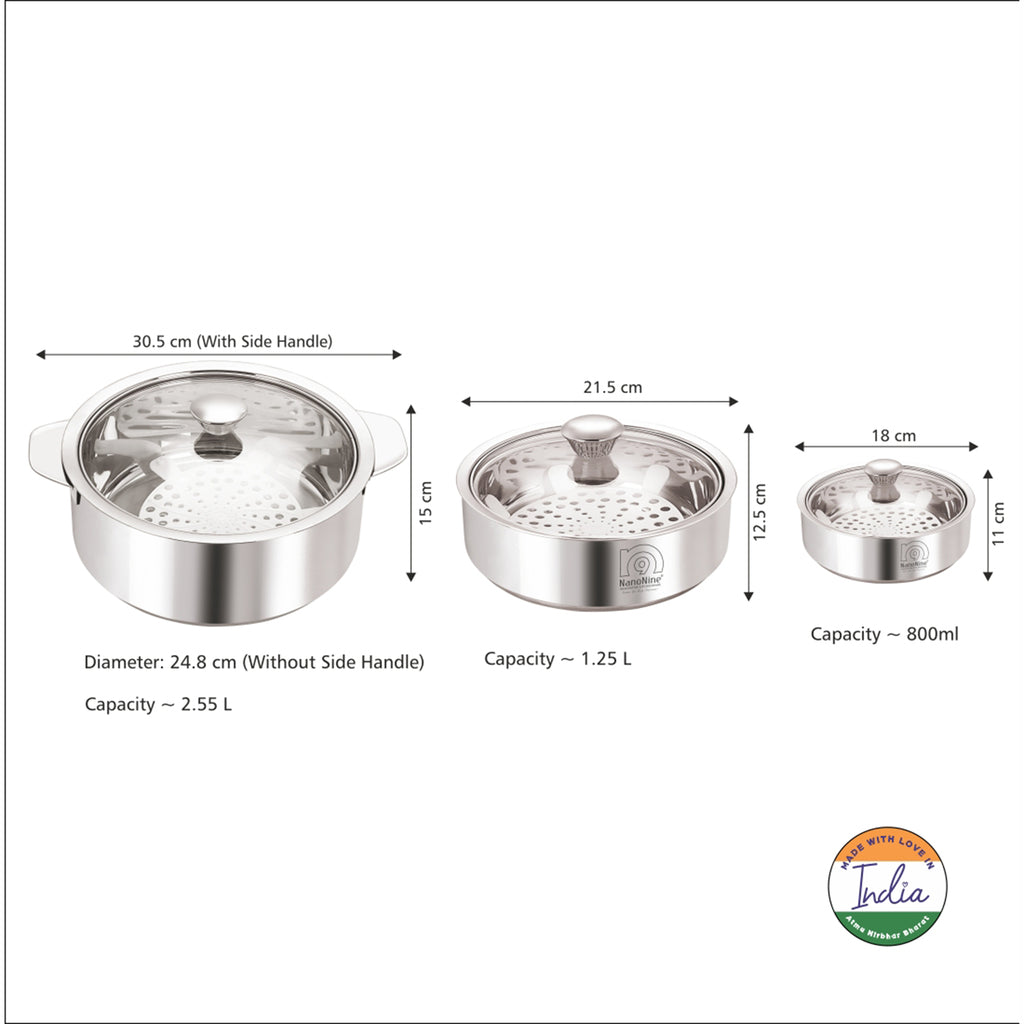 NanoNine Roti Saver 800 ml + 1.25 L + 2.55 L Double Wall Insulated Stainless Steel Serve Fresh Chapati Pot with Glass Lid.