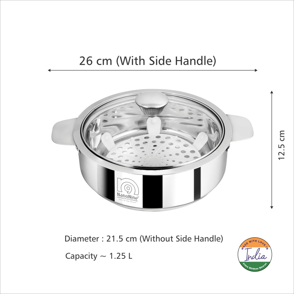 NanoNine Chapati Pot 1.25 L Double Wall Insulated Stainless Steel Serve Fresh Roti Casserole with Glass Lid
