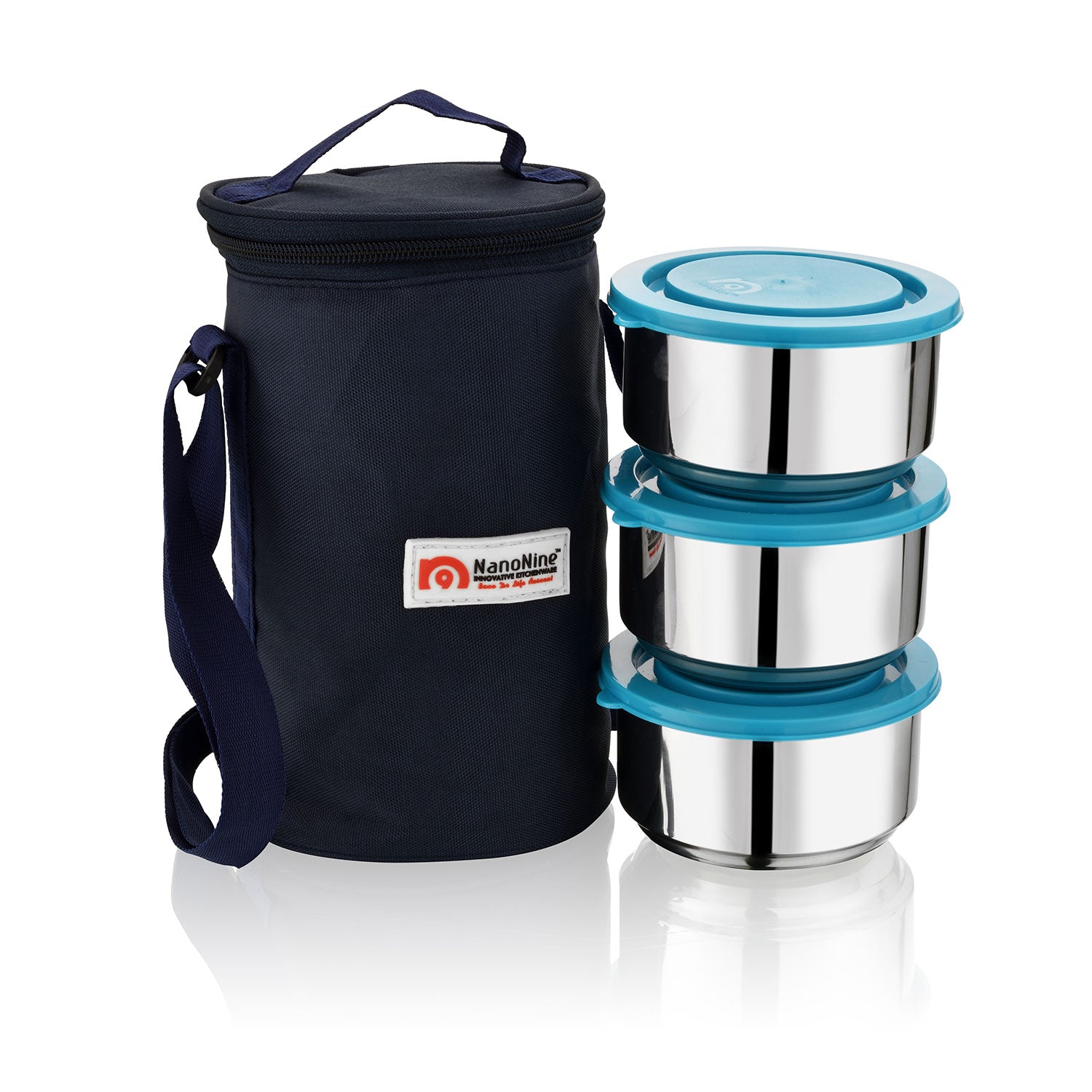 NanoNine Tiffiny Mid Day Double Wall Insulated Stainless Steel Lunch Box, 260 ml, 3 pc, Dark Blue