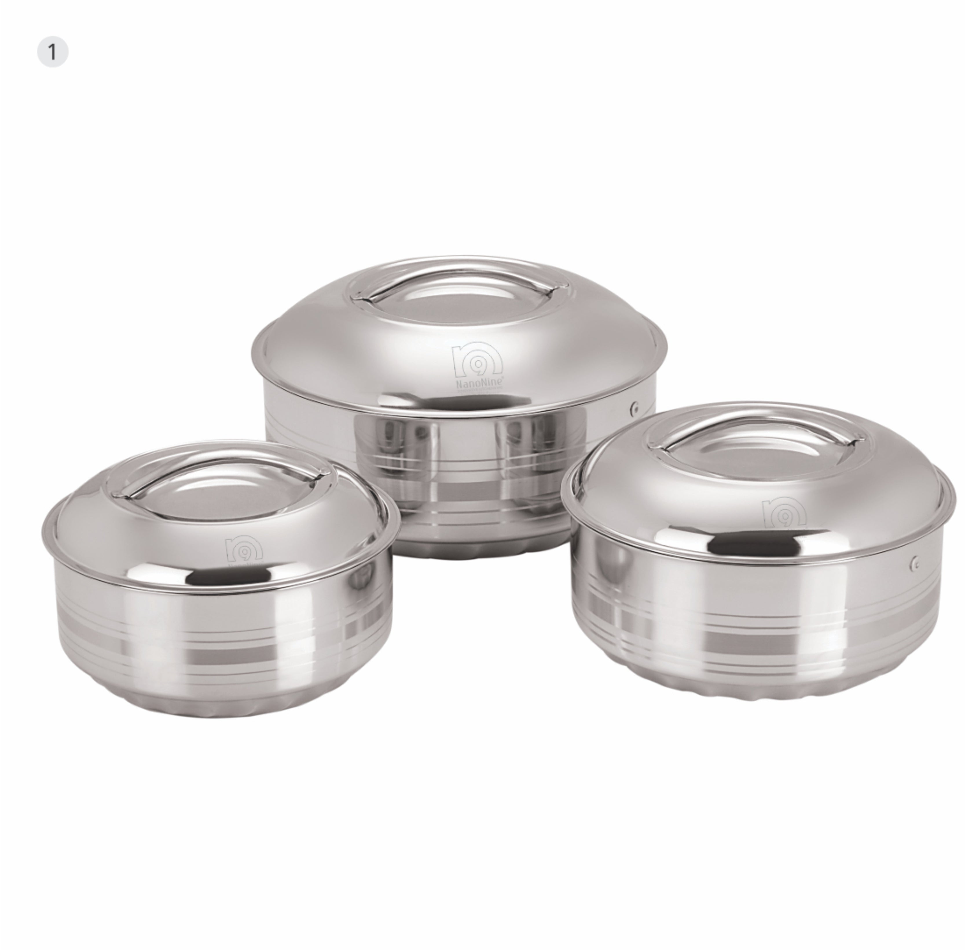 NanoNine Hot Shine 900 ml + 1.4 L + 1.9 L Double Wall Insulated Hot Pot Stainless- Steel Casserole with Steel Lid.