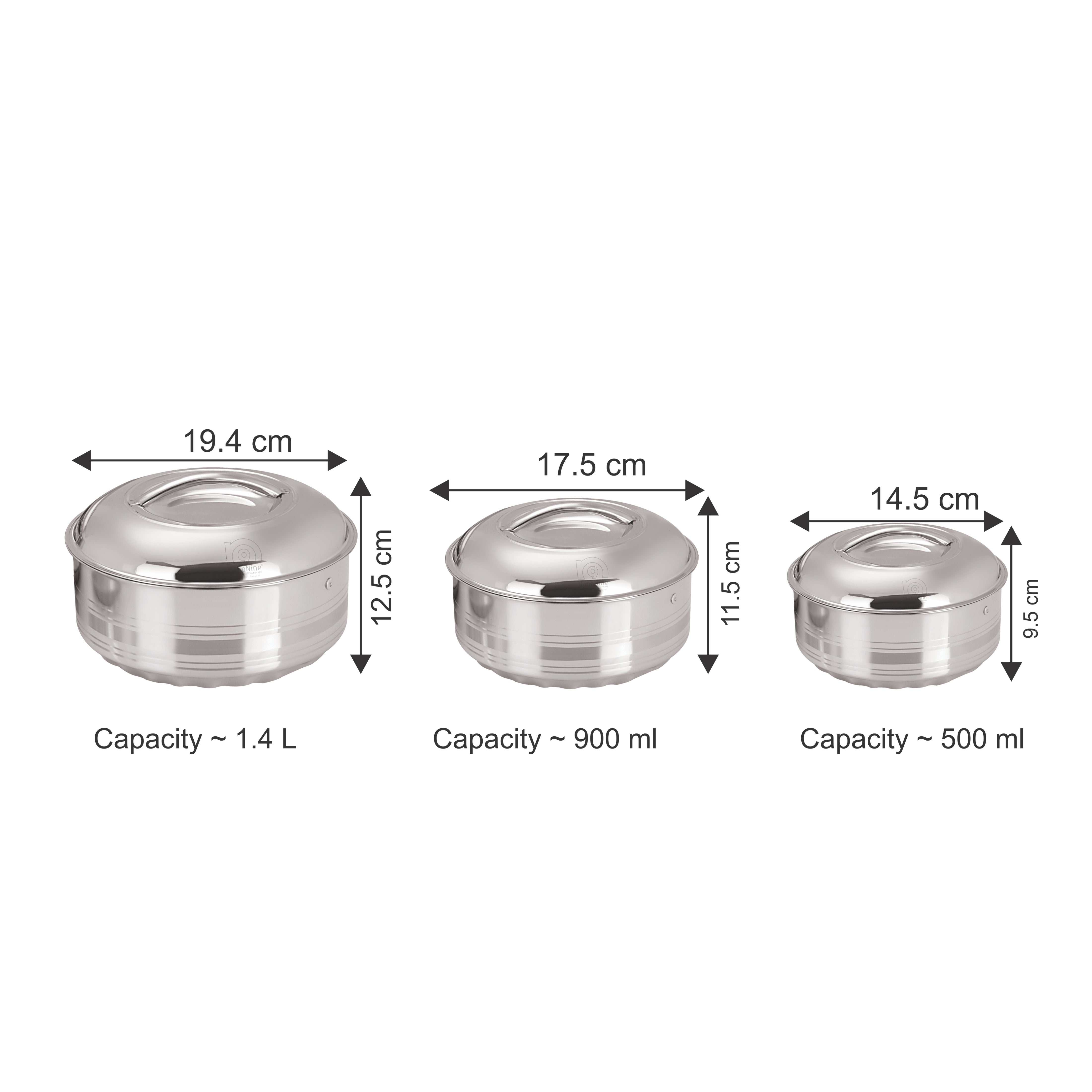 NanoNine Hot Shine 0.5 L + 0.9 L + 1.4 L Double Wall Insulated Hot Pot Stainless- Steel Casserole Set with Steel Lid.