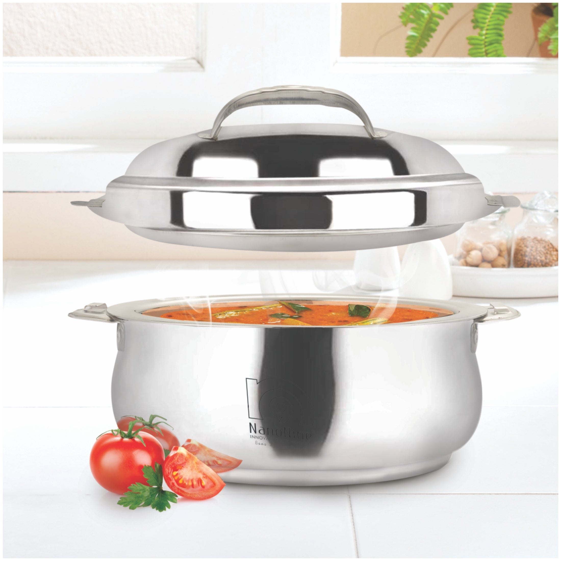 NanoNine Belly Premium 1.1 L Double Wall Insulated Hot Pot Stainless Steel Casserole with Steel Lid.
