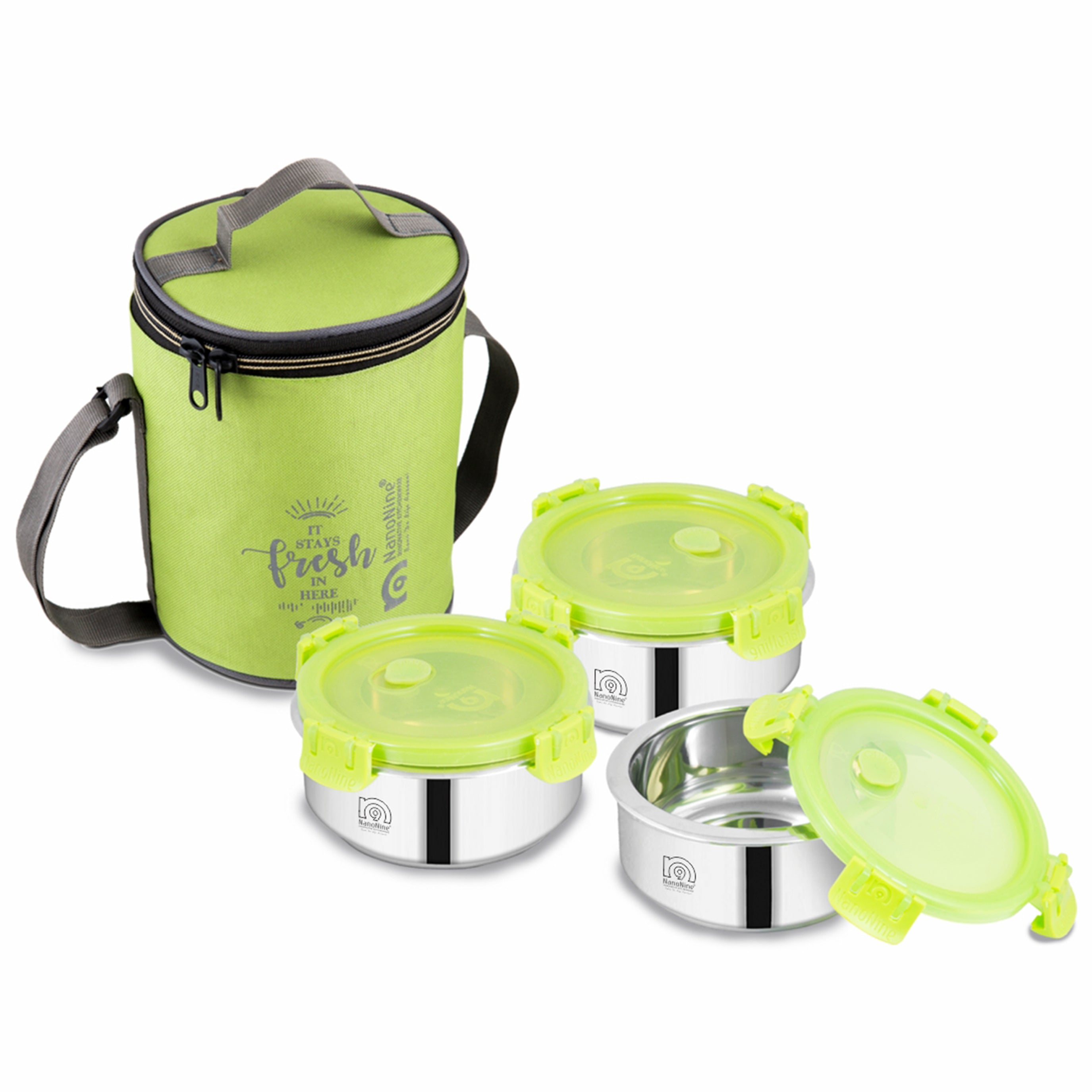 NanoNine Insulock 325 ml X 3 (Verticle) Double Wall Insulated Stainless Steel Lunch Pack with Tiffin Bag, Military Green