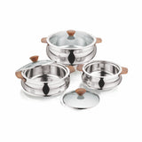 NanoNine Royale Steel Wood 750 ml + 1.24 L + 2.65 L Double Wall Insulated Stainless Steel Casserole with Glass Lid.