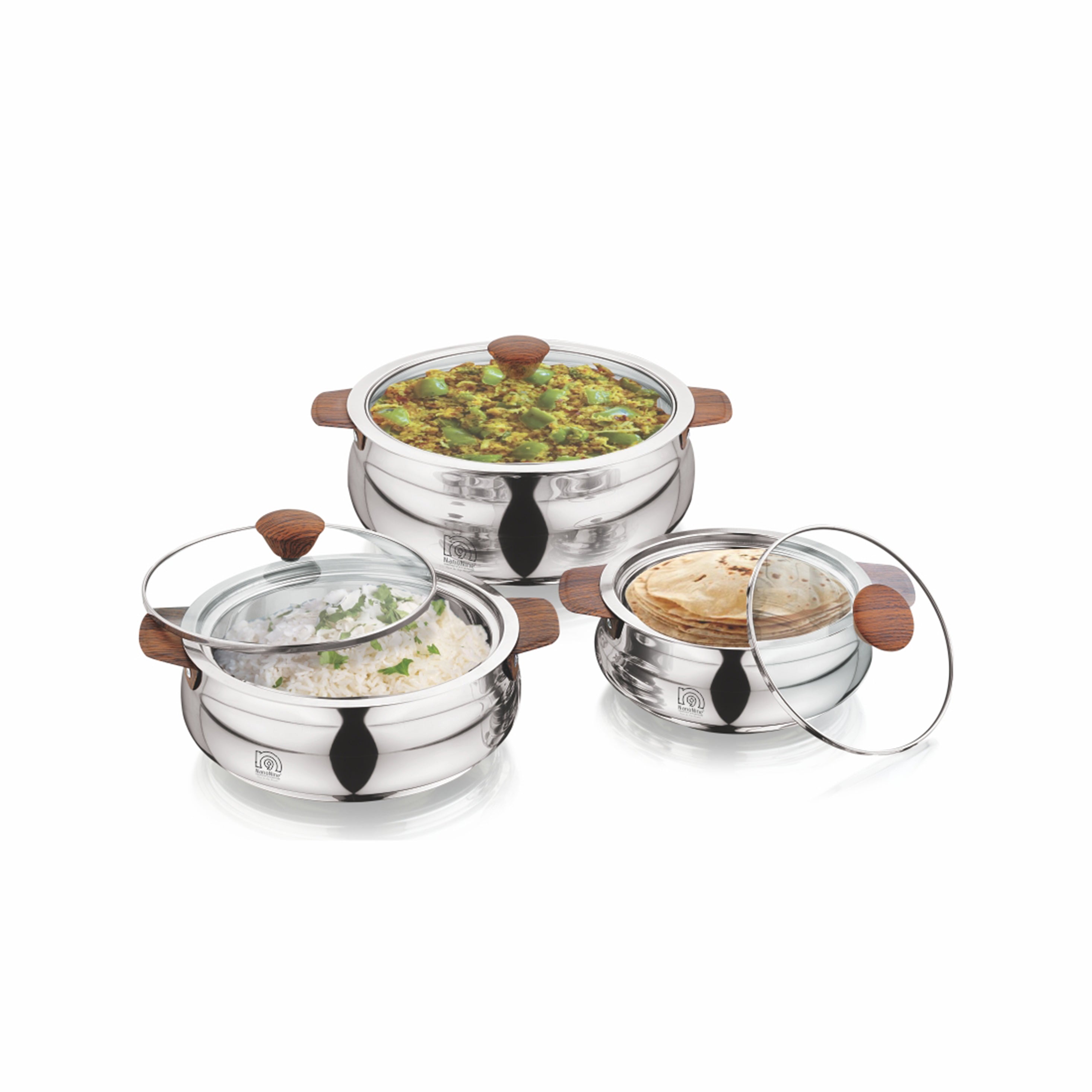 NanoNine Royale Steel Wood 750 ml + 1.24 L + 2.65 L Double Wall Insulated Stainless Steel Casserole with Glass Lid.