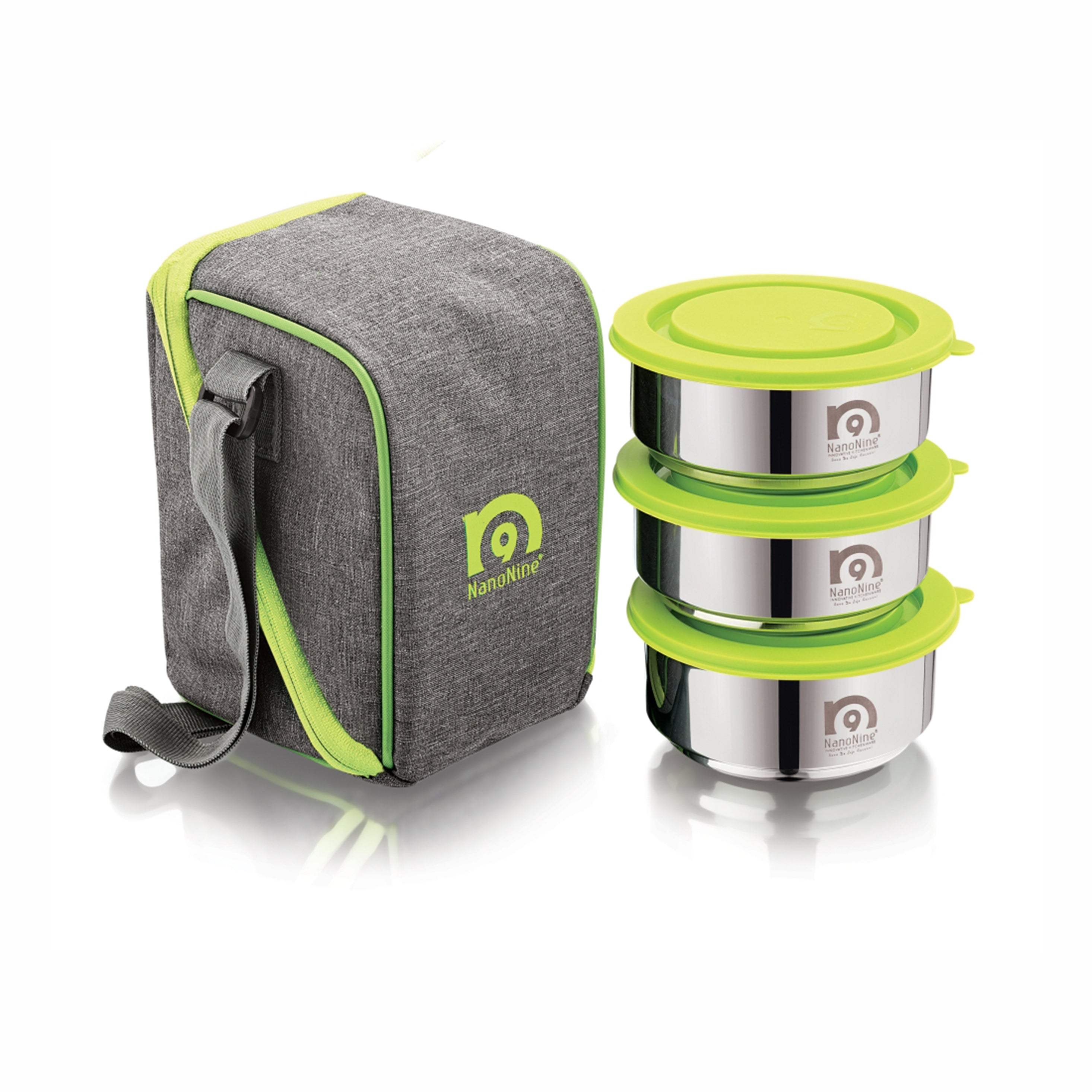 NanoNine Tiffiny Small Pro 375 ml X 3 Double Wall Insulated Stainless Steel Lunch Box.