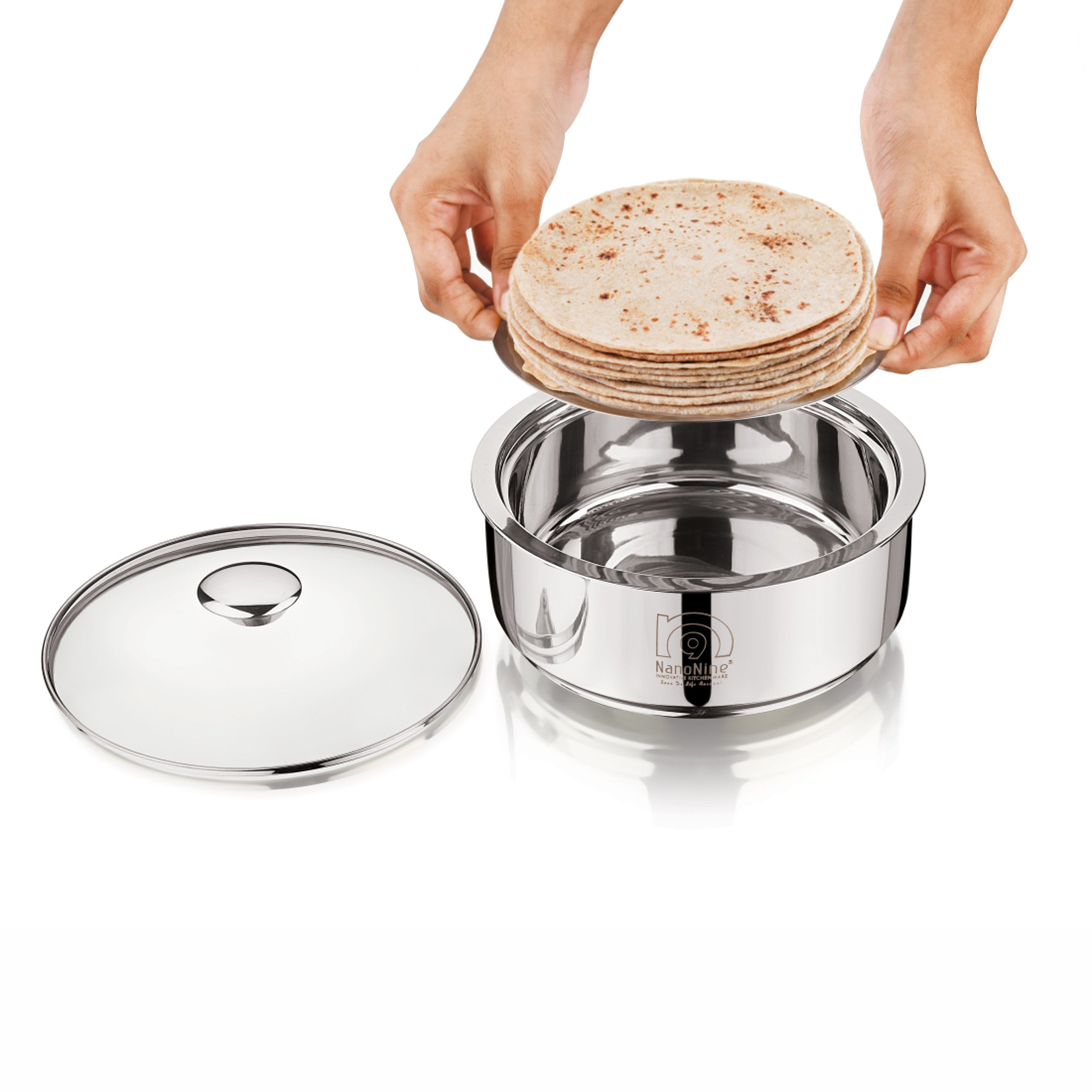 NanoNine Chapati Server 1.25 L Double Wall Insulated Stainless Steel Serve Fresh Roti Pot with Steel Coaster and Glass Lid.