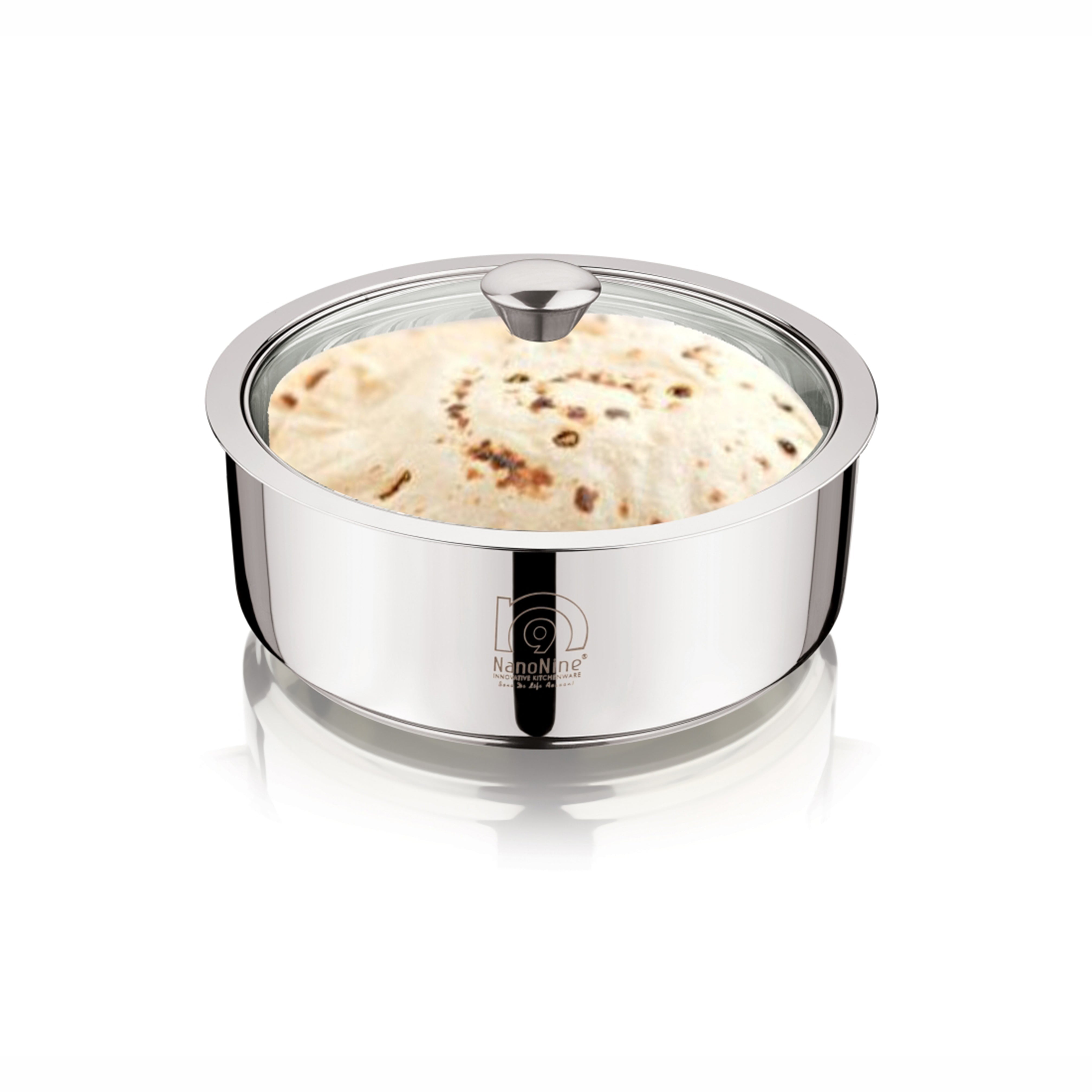 NanoNine Chapati Server 800 ml Double Wall Insulated Stainless Steel Serve Fresh Roti Pot with Steel Coaster and Glass Lid.