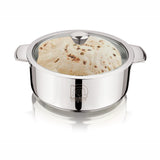 NanoNine Chapati Server 2.5 L Double Wall Insulated Stainless Steel Serve Fresh Roti Pot with Steel Coaster and Glass Lid.
