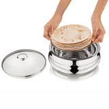 NanoNine Chapati Server Belly 2.65 L Double Wall Insulated Stainless Steel Serve Fresh Casserole with Steel Coaster and Glass Lid.