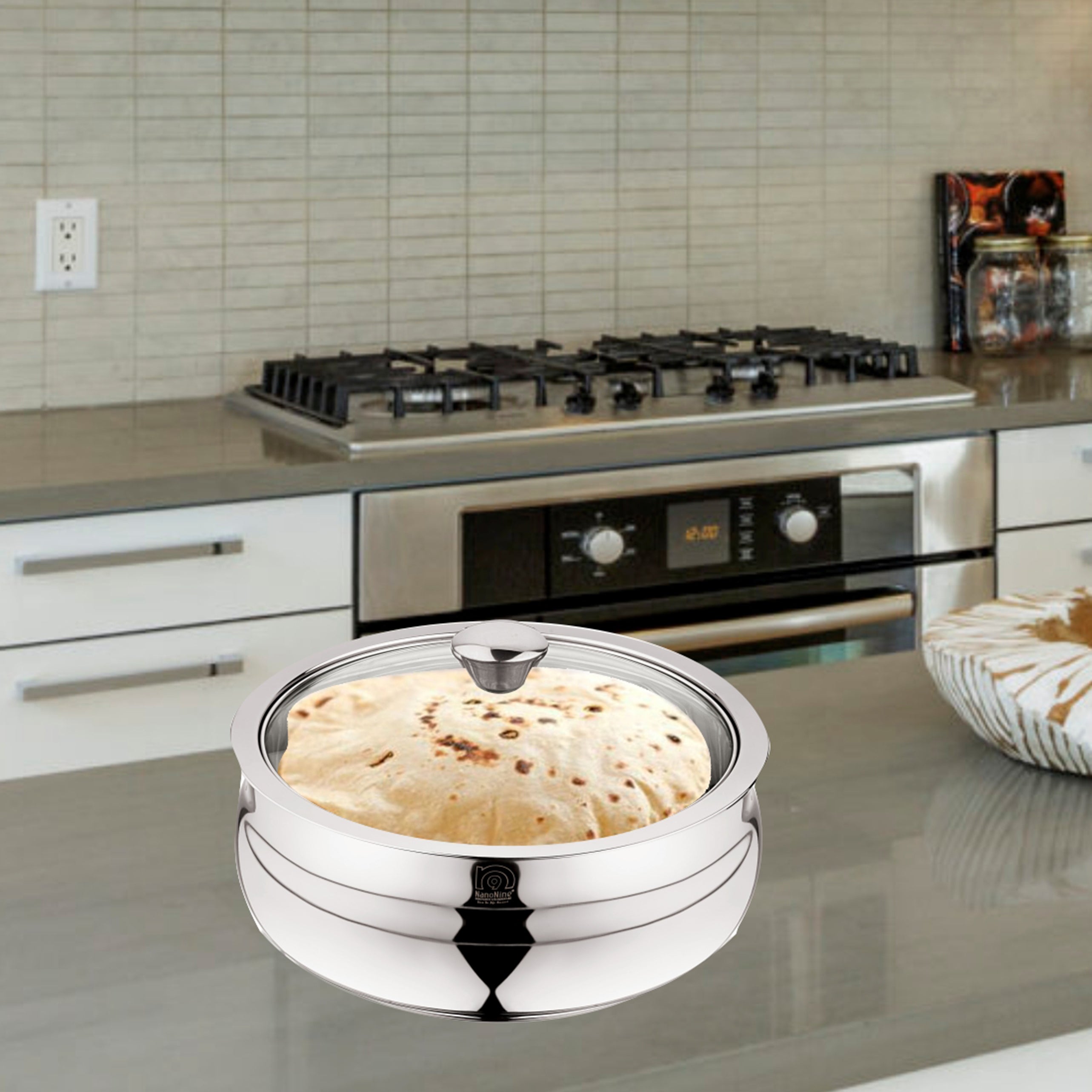 NanoNine Chapati Server Belly 1.24 L Double Wall Insulated Stainless Steel Serve Fresh Casserole with Steel Coaster and Glass Lid.