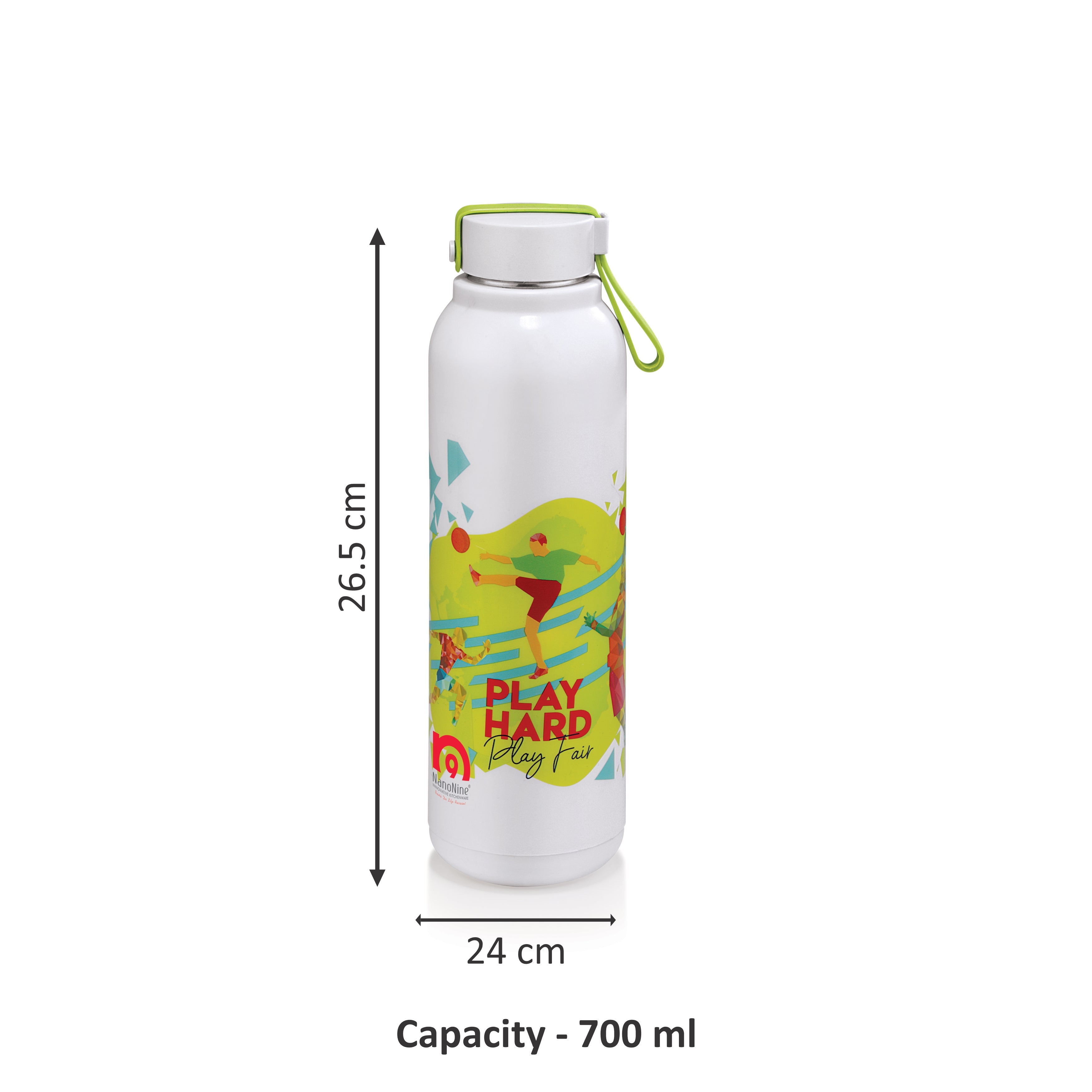 NanoNine Uni Steel 700ml (Play Hard Play Fair Green) Double Wall Insulated Stainless Steel Bottle.
