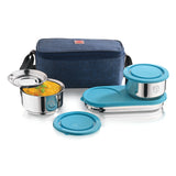 NanoNine Tiffiny Prime Plus Chapati Combo (340ml x 2 with Chapati Box, 475 ml x 1) Double Wall Insulated Stainless Steel Lunch Box, and Insulated Bag, Navy Blue