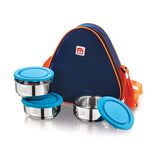 NanoNine Tiffiny 225 ml X 3 (Hexa)Double Wall Insulated Stainless Steel Lunch Box with Insulated Bag, Navy Blue.