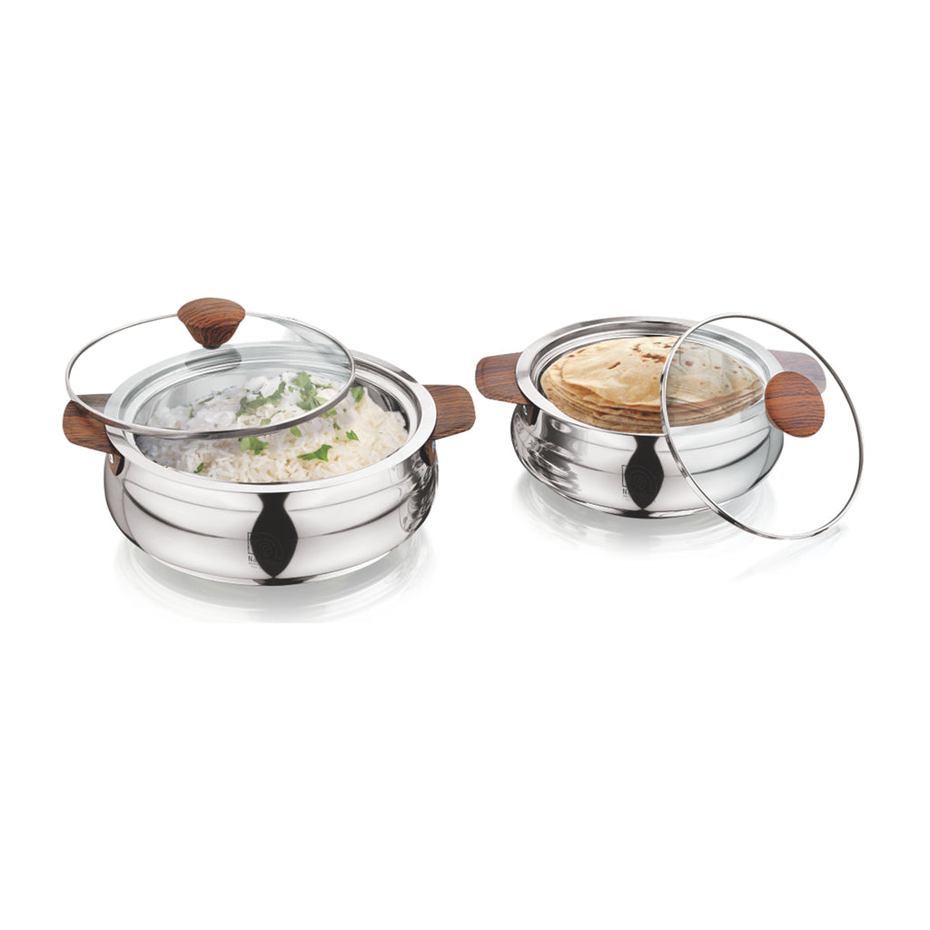 NanoNine Royale Steelwood (Mini & Small 750 ml + 1.24 L) Double Wall PUF Insulated Stainless Steel Casserole with Glass Lid Wooden Finish Side Handles and Knob.